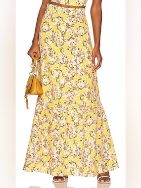 Something Navy Yellow Floral Tiered Maxi Skirt Size M